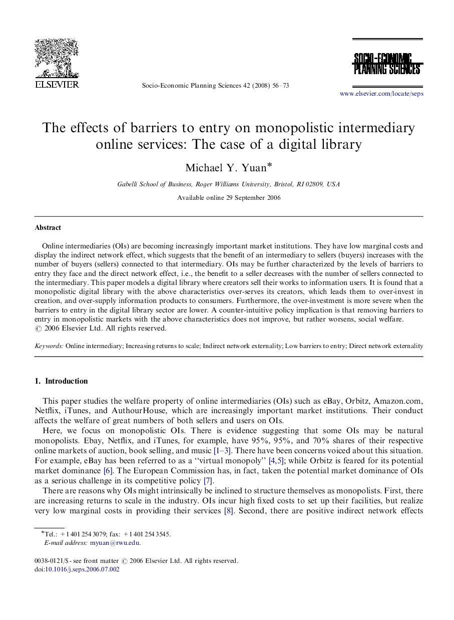 The effects of barriers to entry on monopolistic intermediary online services: The case of a digital library