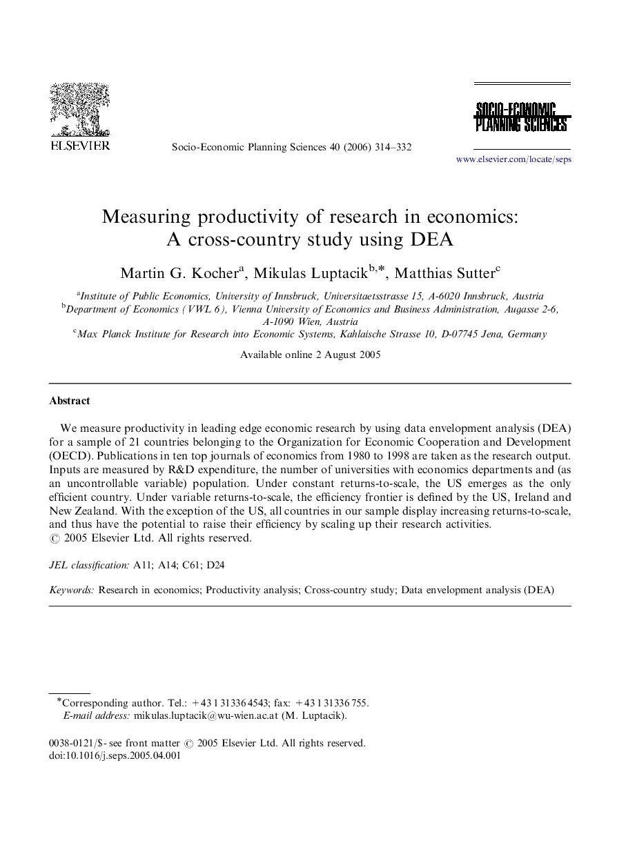 Measuring productivity of research in economics: A cross-country study using DEA