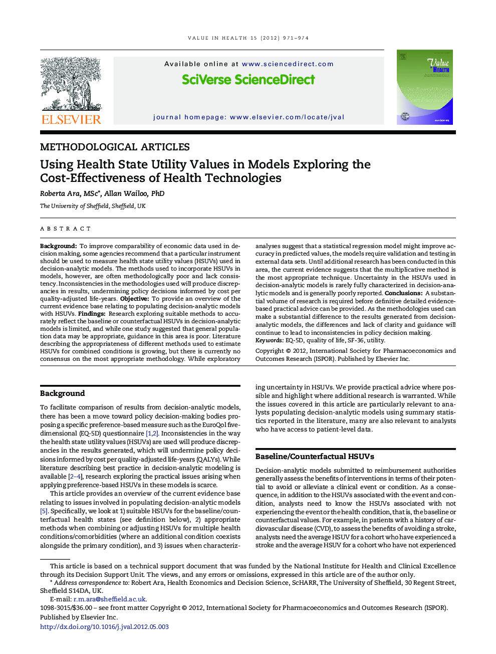 Using Health State Utility Values in Models Exploring the Cost-Effectiveness of Health Technologies 