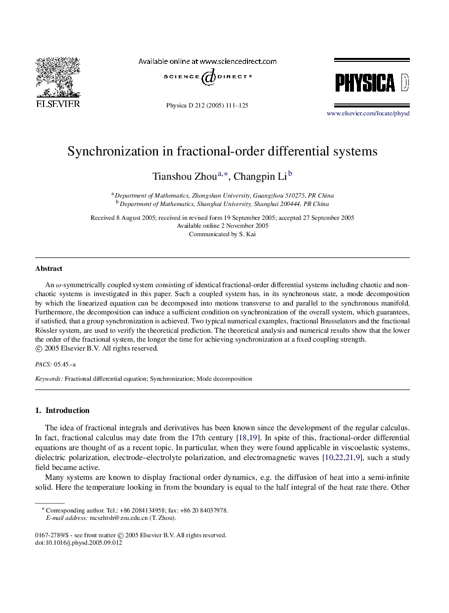 Synchronization in fractional-order differential systems