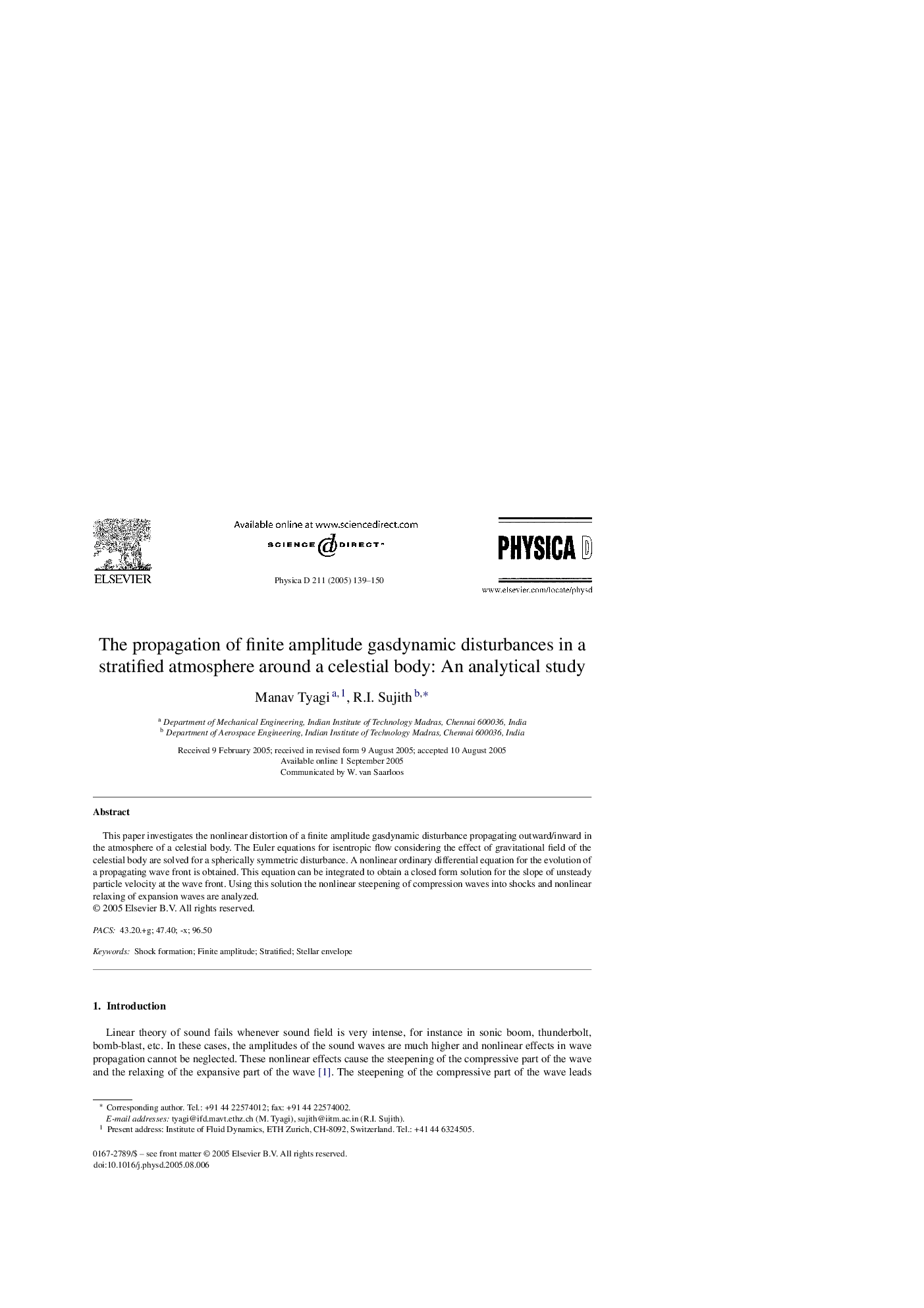 The propagation of finite amplitude gasdynamic disturbances in a stratified atmosphere around a celestial body: An analytical study