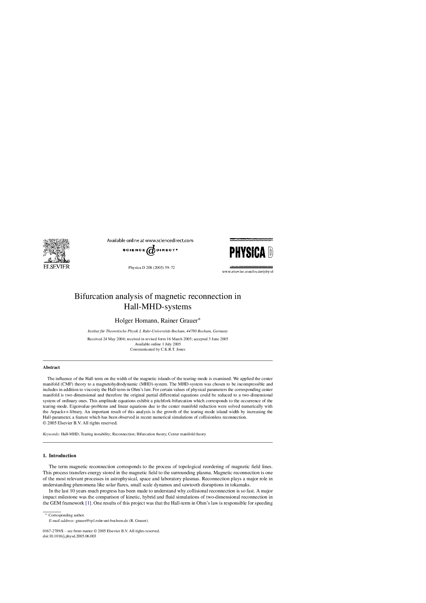 Bifurcation analysis of magnetic reconnection in Hall-MHD-systems