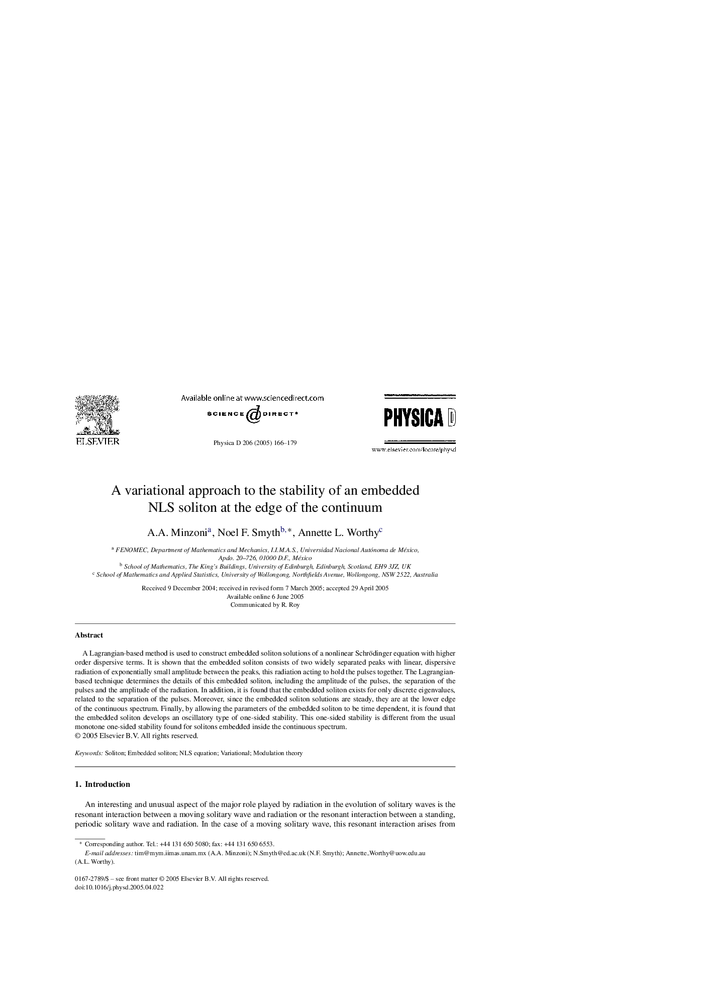 A variational approach to the stability of an embedded NLS soliton at the edge of the continuum