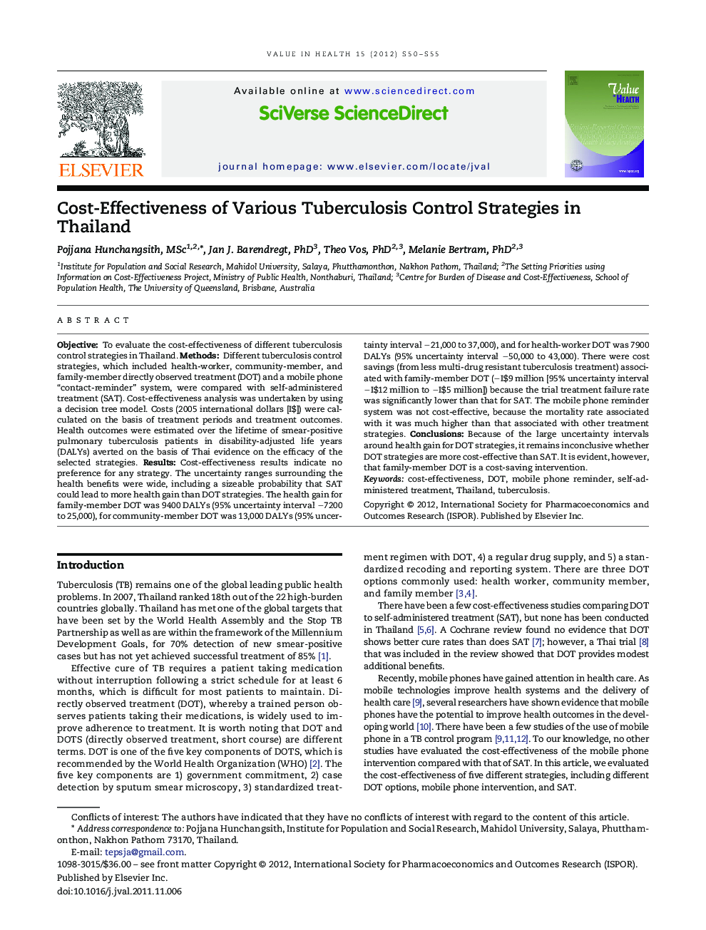 Cost-Effectiveness of Various Tuberculosis Control Strategies in Thailand 