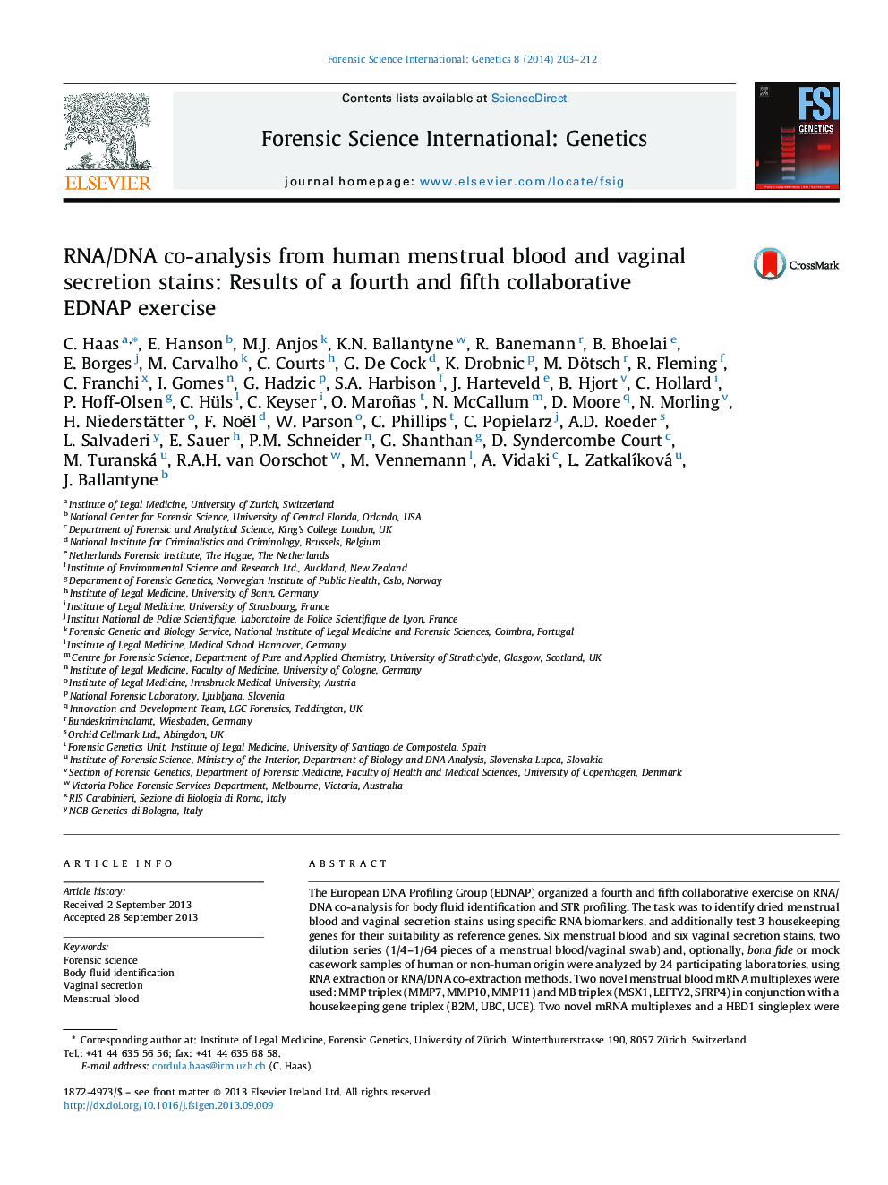 RNA/DNA co-analysis from human menstrual blood and vaginal secretion stains: Results of a fourth and fifth collaborative EDNAP exercise