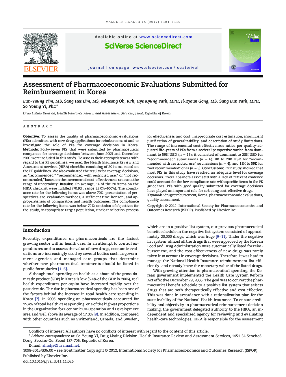 Assessment of Pharmacoeconomic Evaluations Submitted for Reimbursement in Korea 