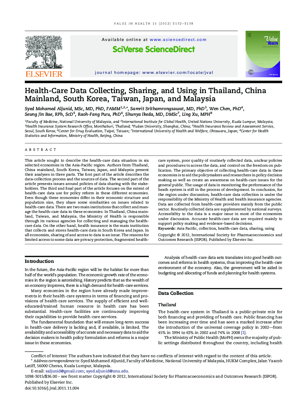 Health-Care Data Collecting, Sharing, and Using in Thailand, China Mainland, South Korea, Taiwan, Japan, and Malaysia 