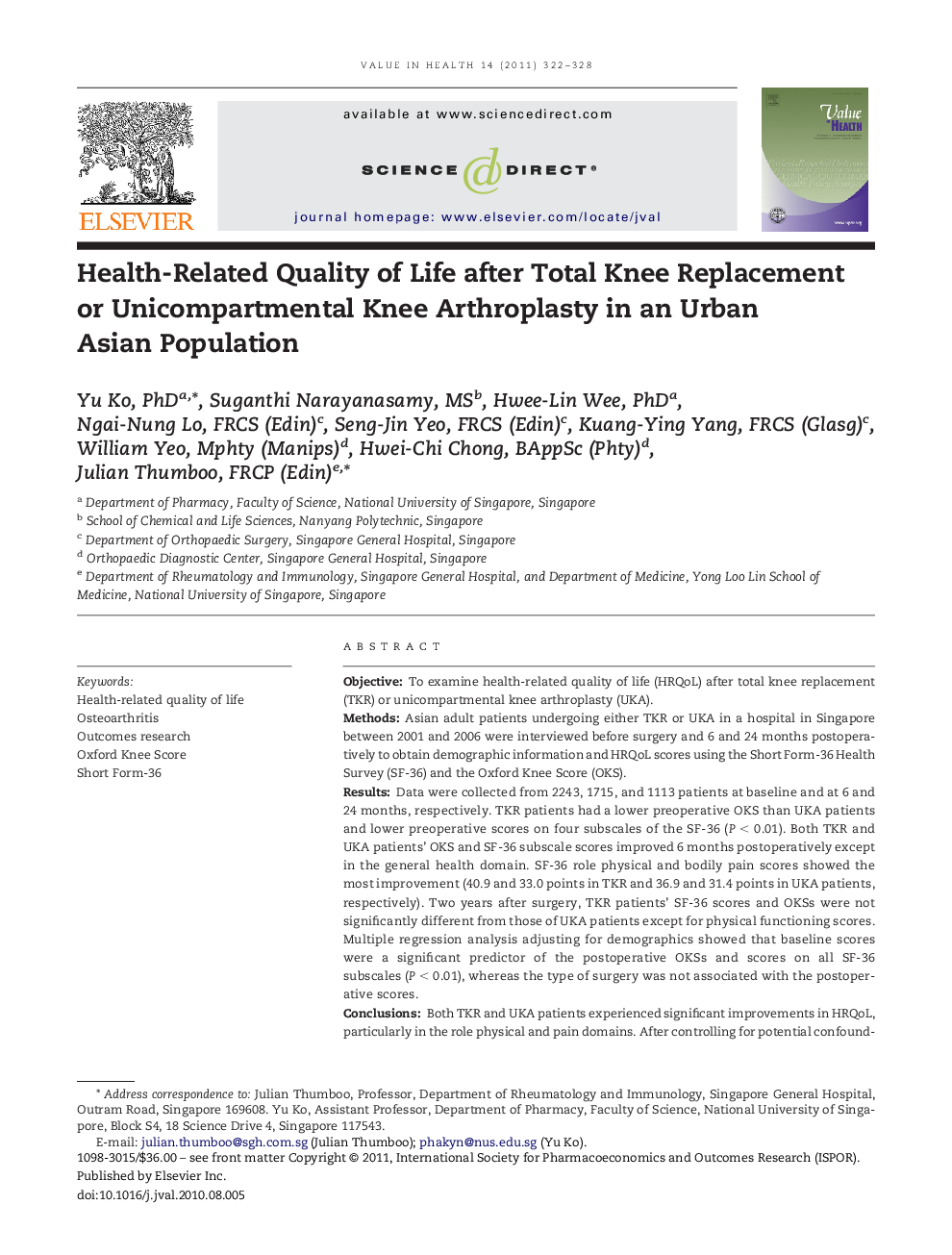 Health-Related Quality of Life after Total Knee Replacement or Unicompartmental Knee Arthroplasty in an Urban Asian Population