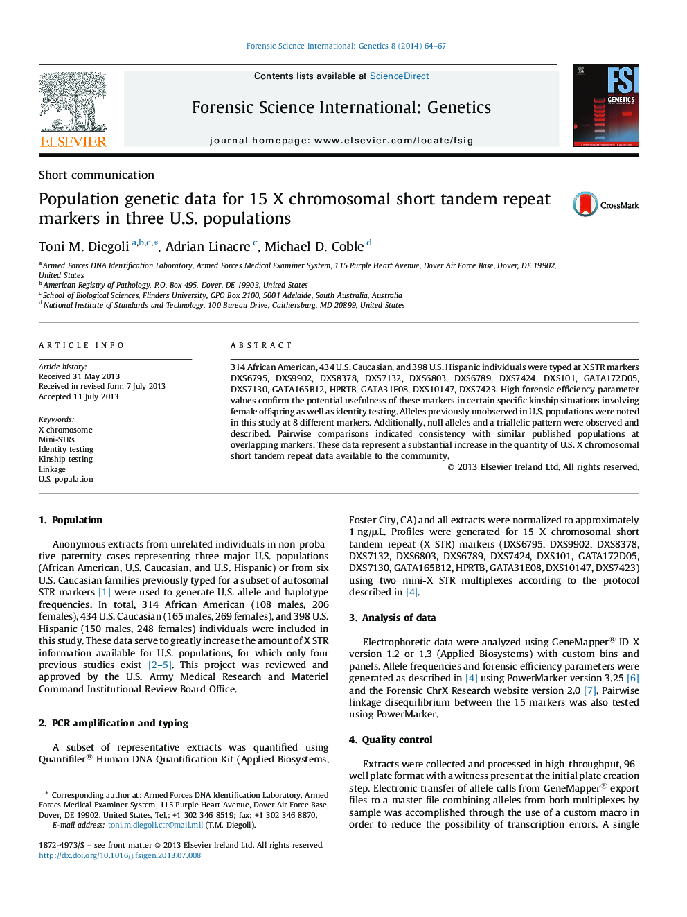 Population genetic data for 15 X chromosomal short tandem repeat markers in three U.S. populations