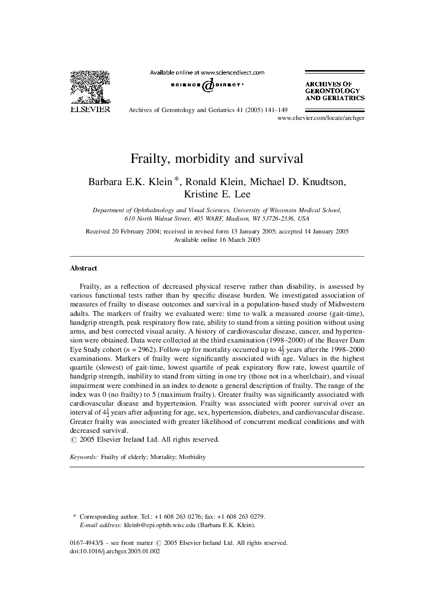 Frailty, morbidity and survival