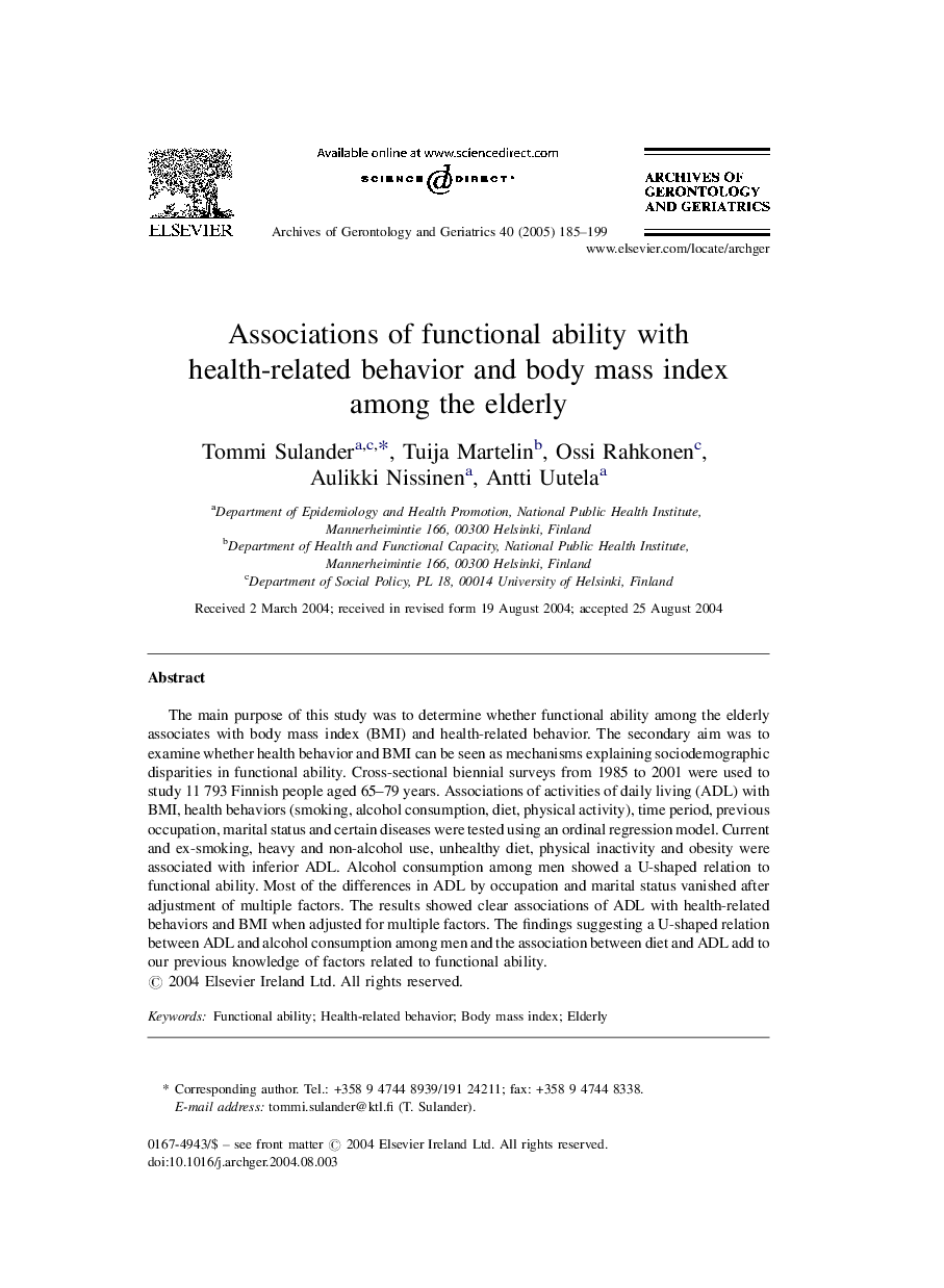 Associations of functional ability with health-related behavior and body mass index among the elderly