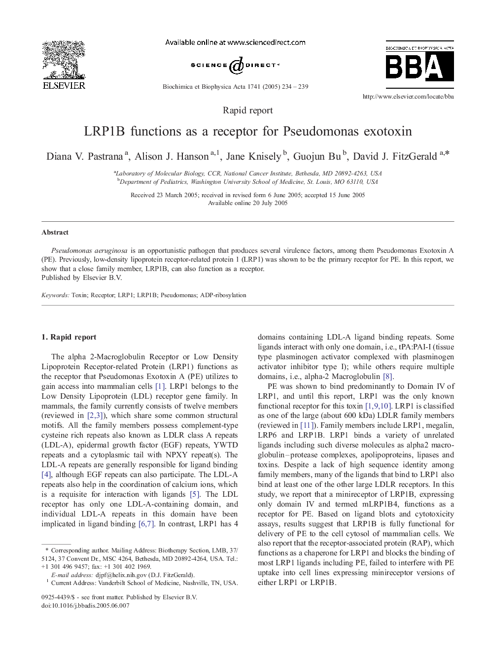 LRP1B functions as a receptor for Pseudomonas exotoxin