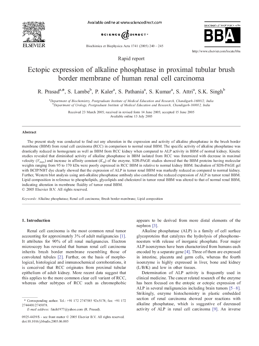 Ectopic expression of alkaline phosphatase in proximal tubular brush border membrane of human renal cell carcinoma