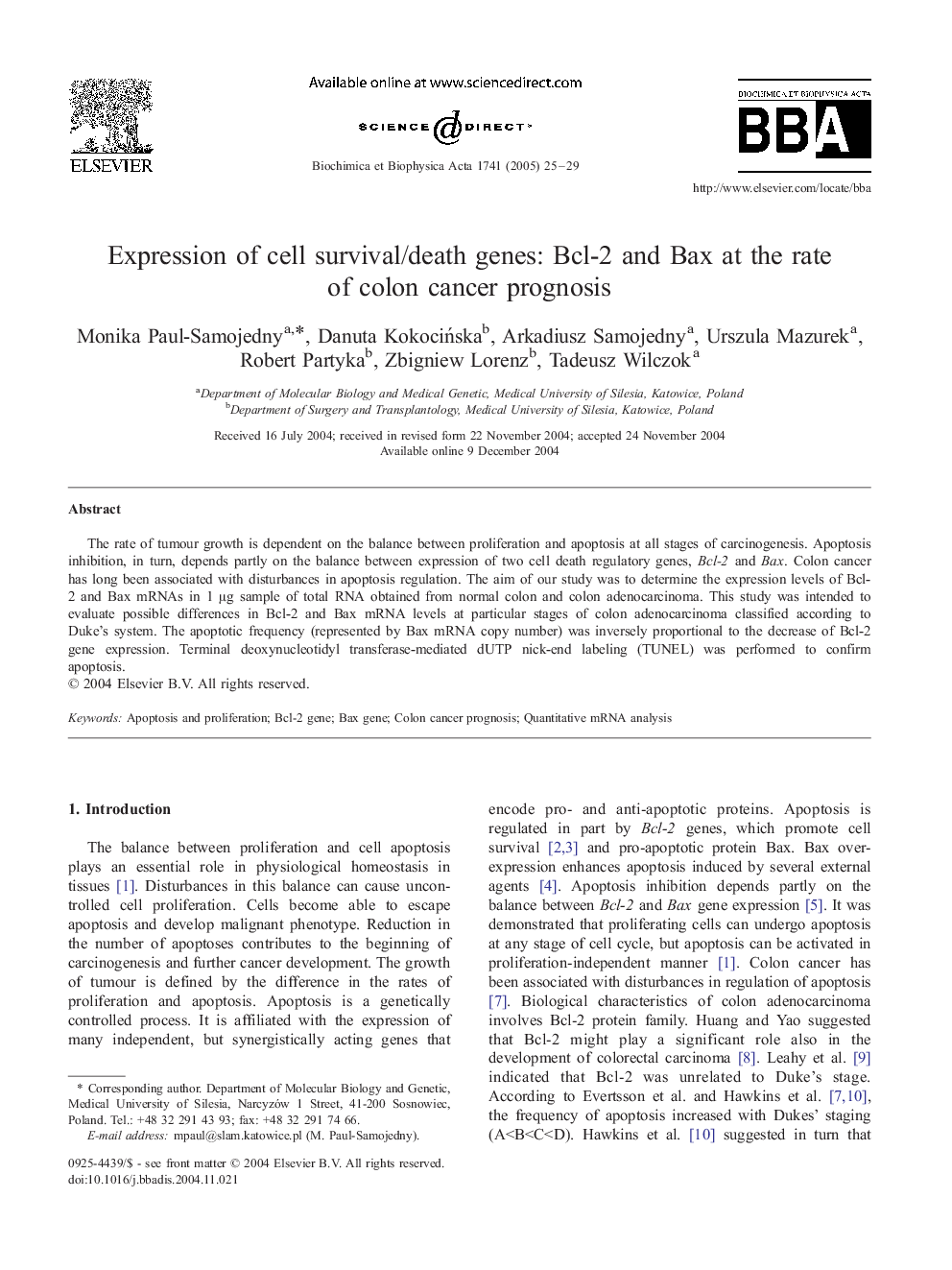 Expression of cell survival/death genes: Bcl-2 and Bax at the rate of colon cancer prognosis