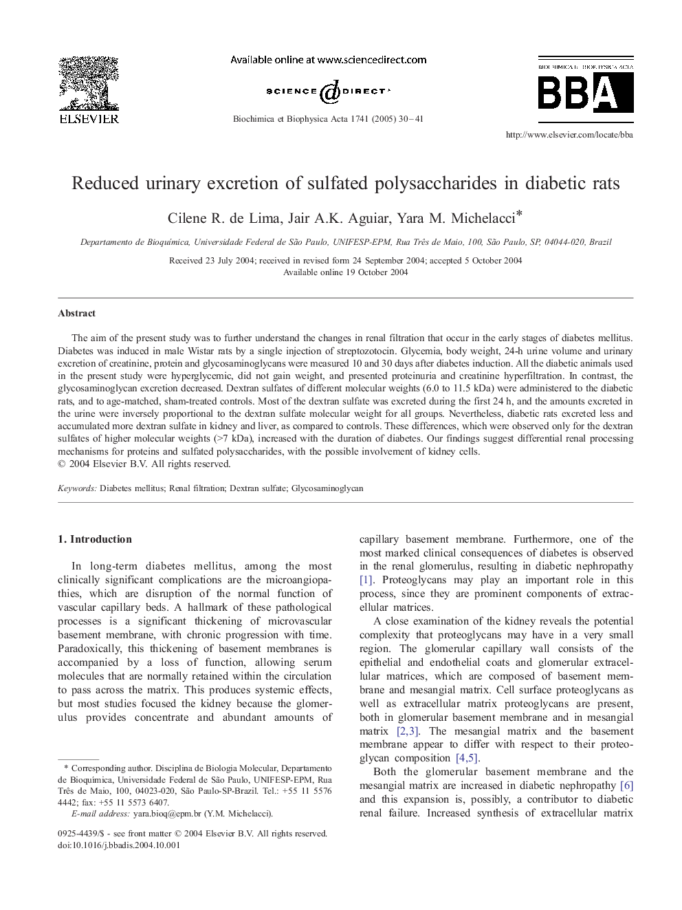 Reduced urinary excretion of sulfated polysaccharides in diabetic rats