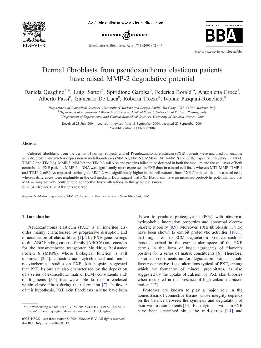 Dermal fibroblasts from pseudoxanthoma elasticum patients have raised MMP-2 degradative potential