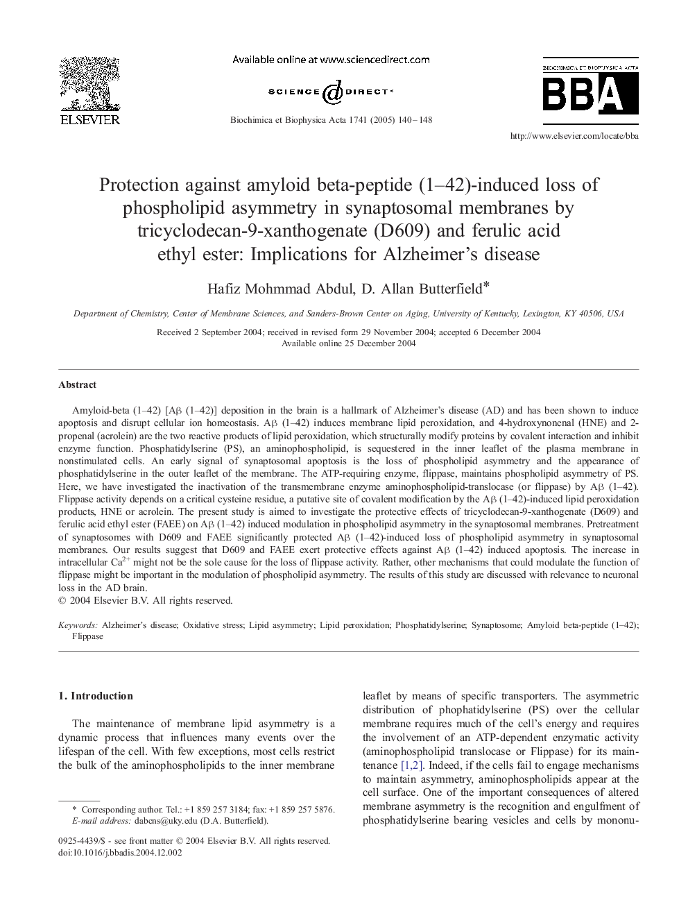 Protection against amyloid beta-peptide (1-42)-induced loss of phospholipid asymmetry in synaptosomal membranes by tricyclodecan-9-xanthogenate (D609) and ferulic acid ethyl ester: Implications for Alzheimer's disease