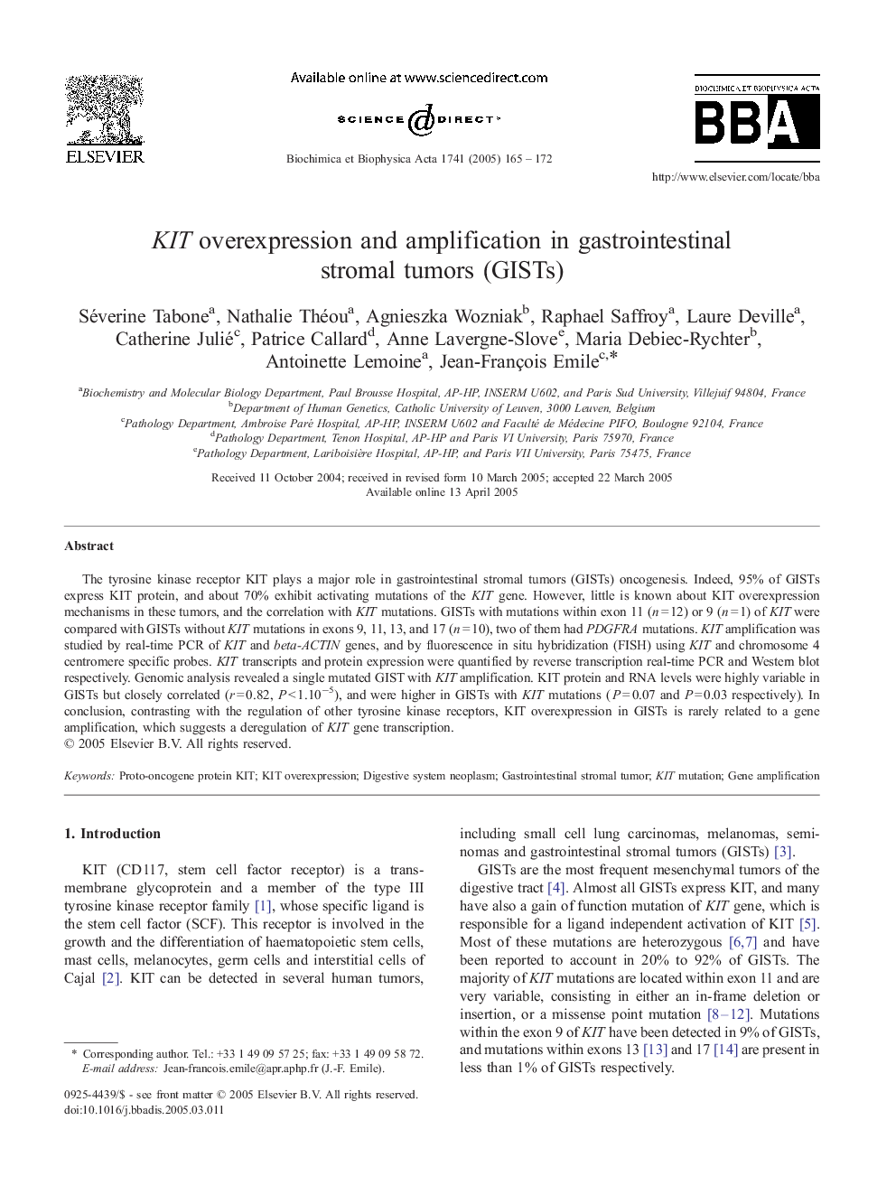 عکس صفحه اول مقاله: KIT overexpression and amplification in gastrointestinal stromal tumors (GISTs) KIT overexpression and amplification in gastrointestinal stromal tumors (GISTs)