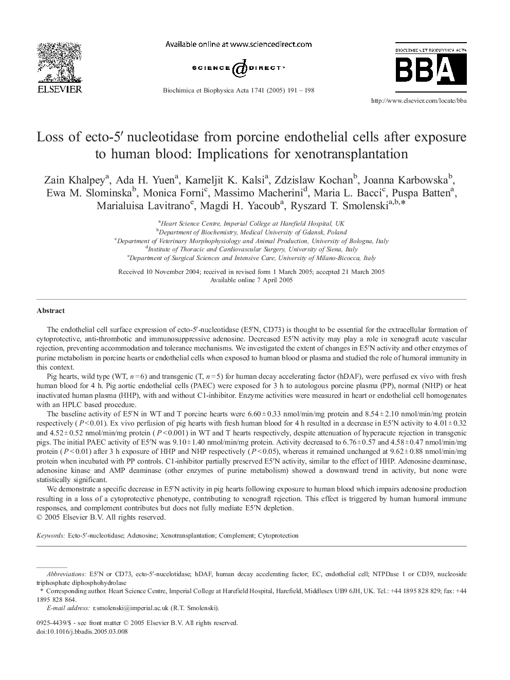 Loss of ecto-5â²nucleotidase from porcine endothelial cells after exposure to human blood: Implications for xenotransplantation