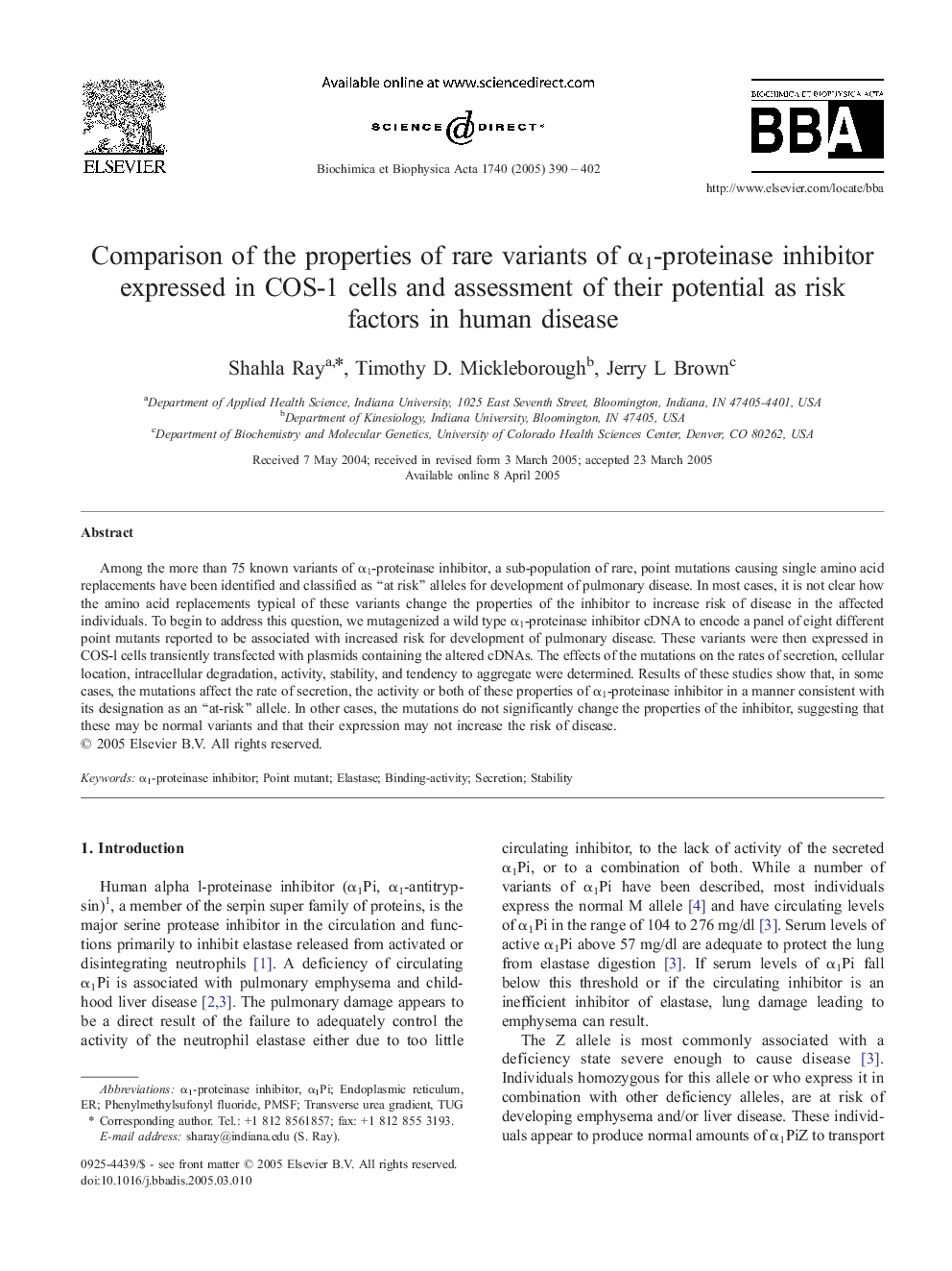 Comparison of the properties of rare variants of Î±1-proteinase inhibitor expressed in COS-1 cells and assessment of their potential as risk factors in human disease