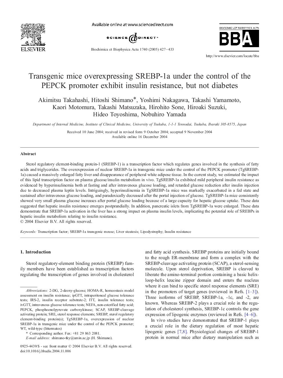 Transgenic mice overexpressing SREBP-1a under the control of the PEPCK promoter exhibit insulin resistance, but not diabetes