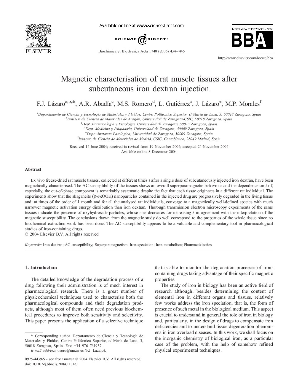 Magnetic characterisation of rat muscle tissues after subcutaneous iron dextran injection