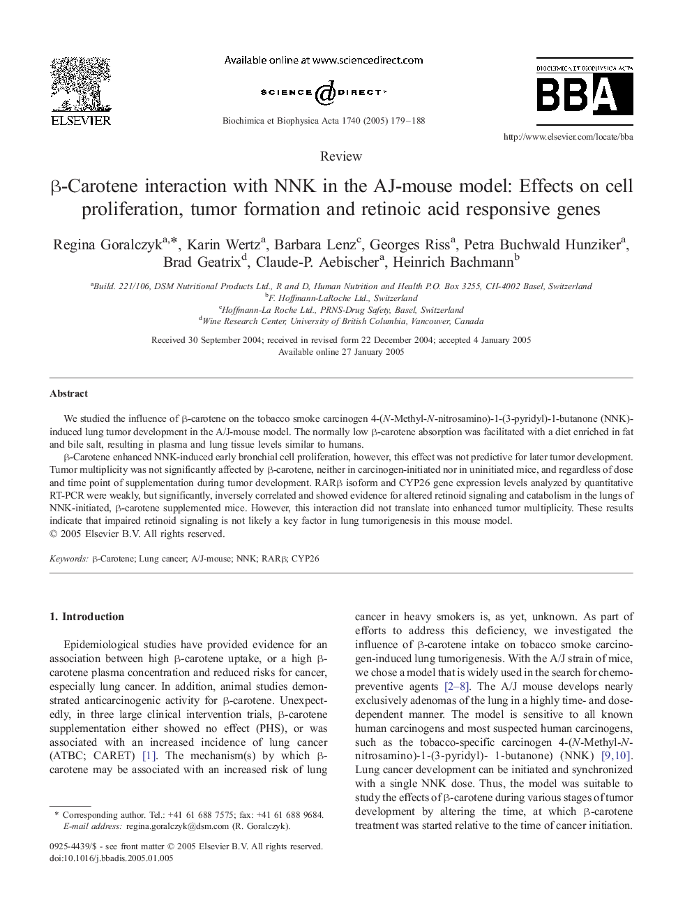 Î²-Carotene interaction with NNK in the AJ-mouse model: Effects on cell proliferation, tumor formation and retinoic acid responsive genes