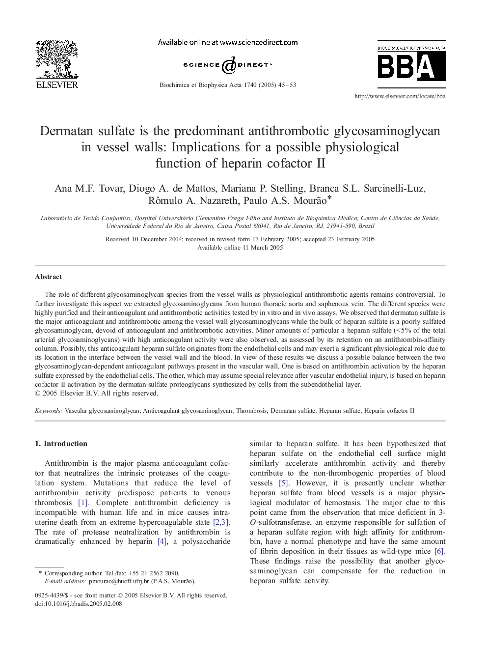 Dermatan sulfate is the predominant antithrombotic glycosaminoglycan in vessel walls: Implications for a possible physiological function of heparin cofactor II