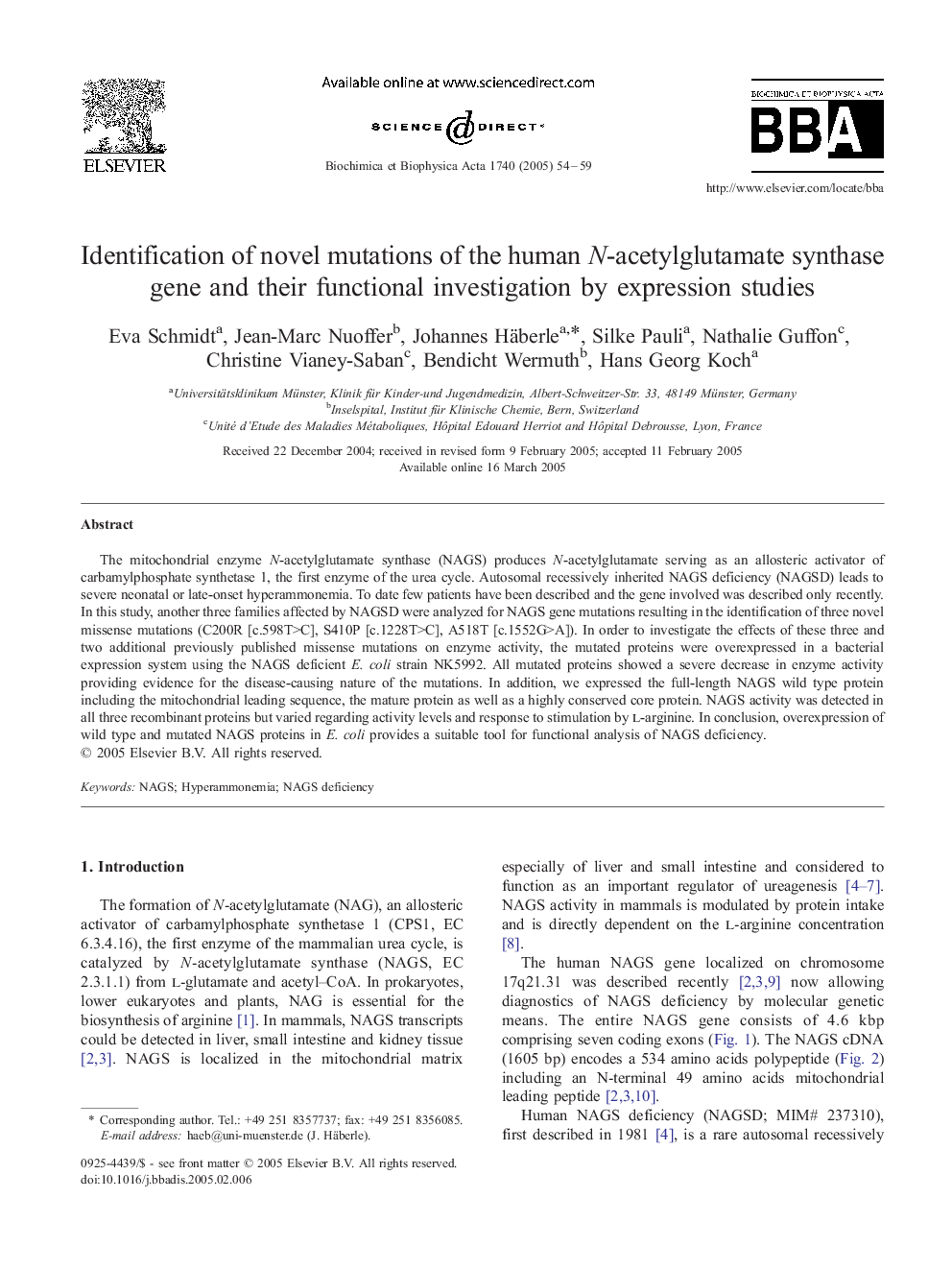 Identification of novel mutations of the human N-acetylglutamate synthase gene and their functional investigation by expression studies