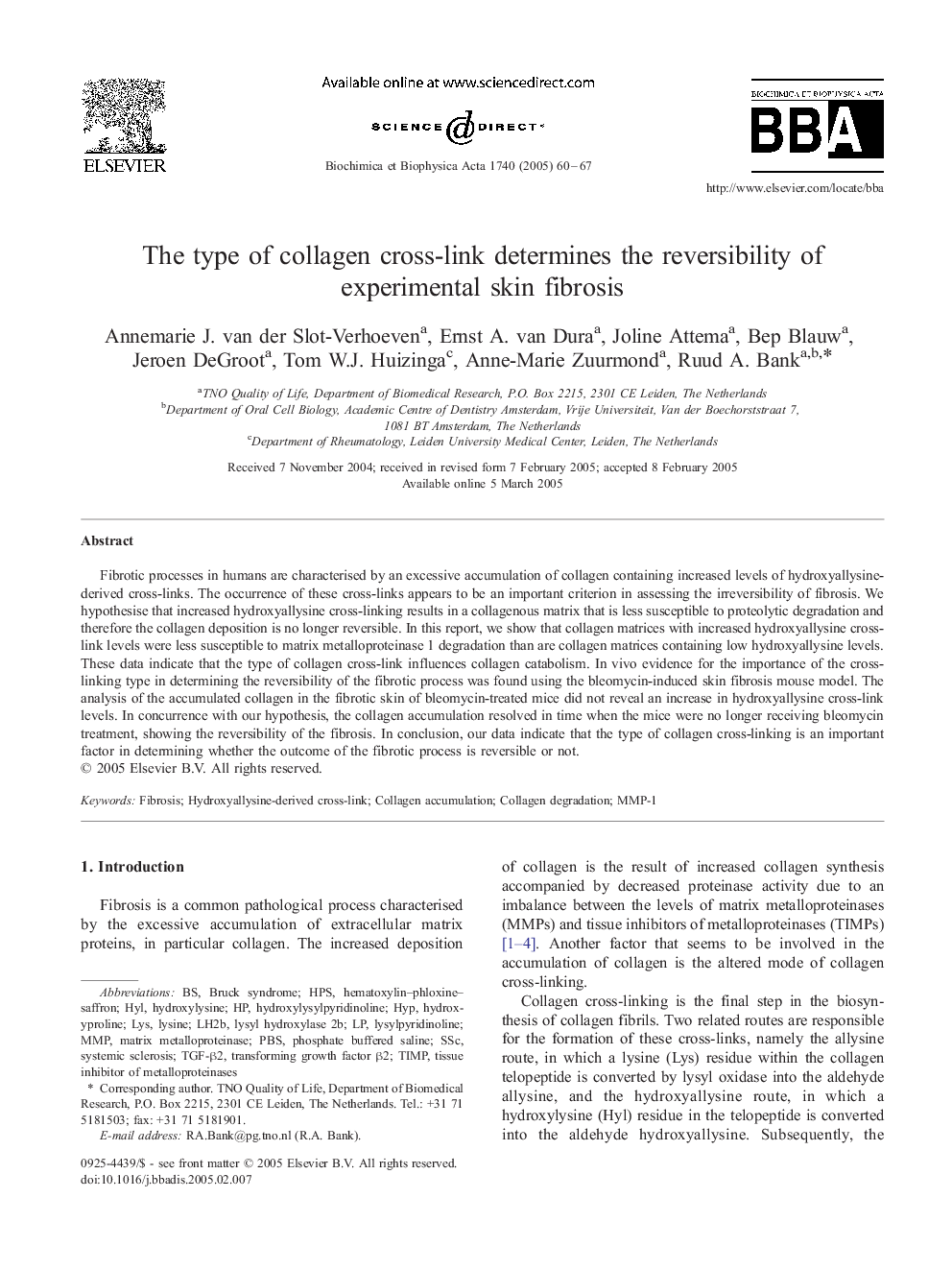 The type of collagen cross-link determines the reversibility of experimental skin fibrosis