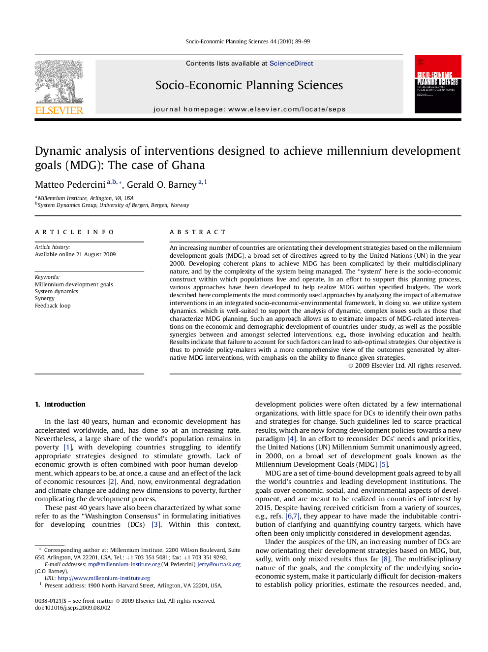 Dynamic analysis of interventions designed to achieve millennium development goals (MDG): The case of Ghana