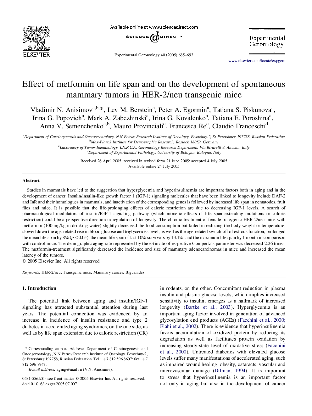 Effect of metformin on life span and on the development of spontaneous mammary tumors in HER-2/neu transgenic mice