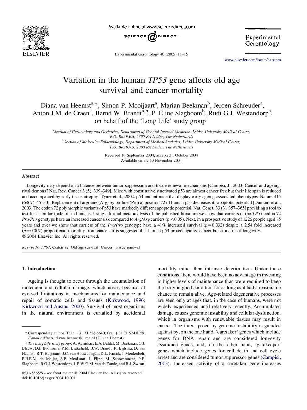 Variation in the human TP53 gene affects old age survival and cancer mortality1