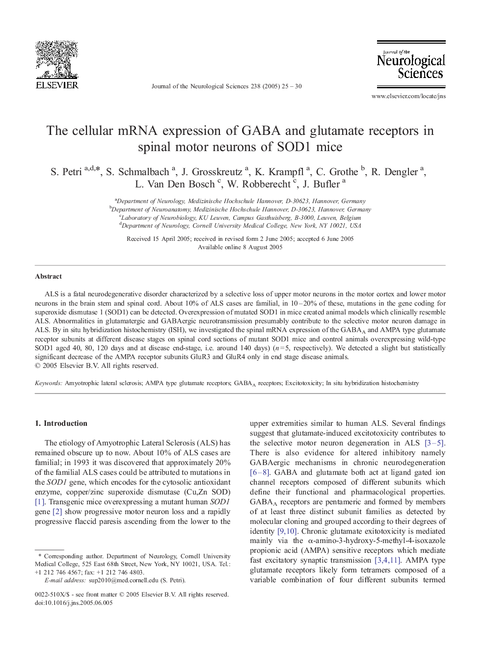 The cellular mRNA expression of GABA and glutamate receptors in spinal motor neurons of SOD1 mice