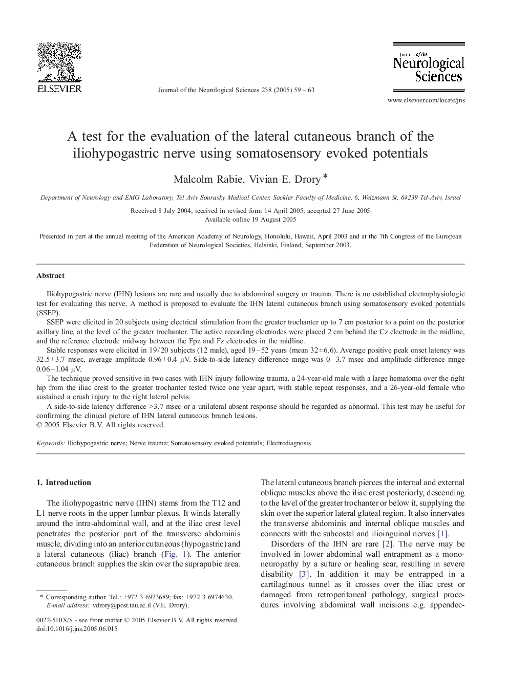 A test for the evaluation of the lateral cutaneous branch of the iliohypogastric nerve using somatosensory evoked potentials