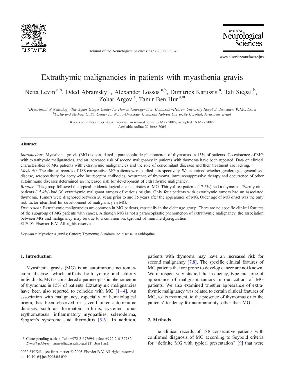 Extrathymic malignancies in patients with myasthenia gravis