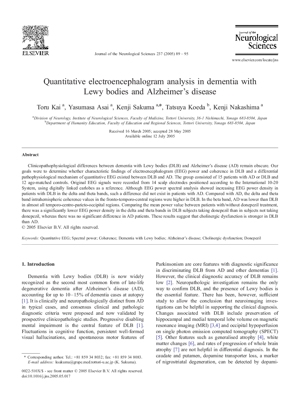 Quantitative electroencephalogram analysis in dementia with Lewy bodies and Alzheimer's disease