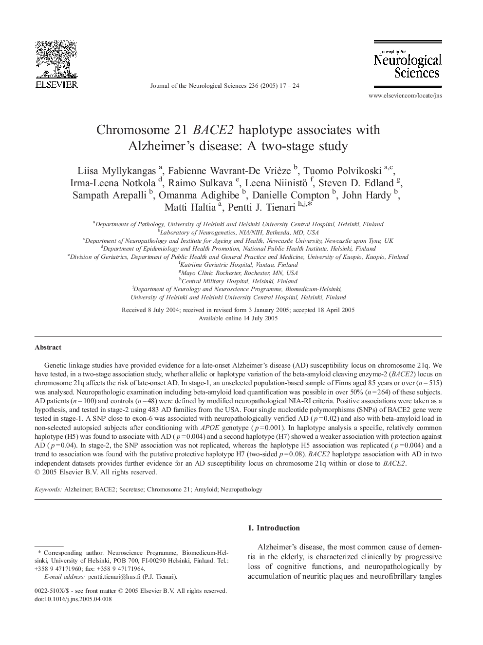 Chromosome 21 BACE2 haplotype associates with Alzheimer's disease: A two-stage study