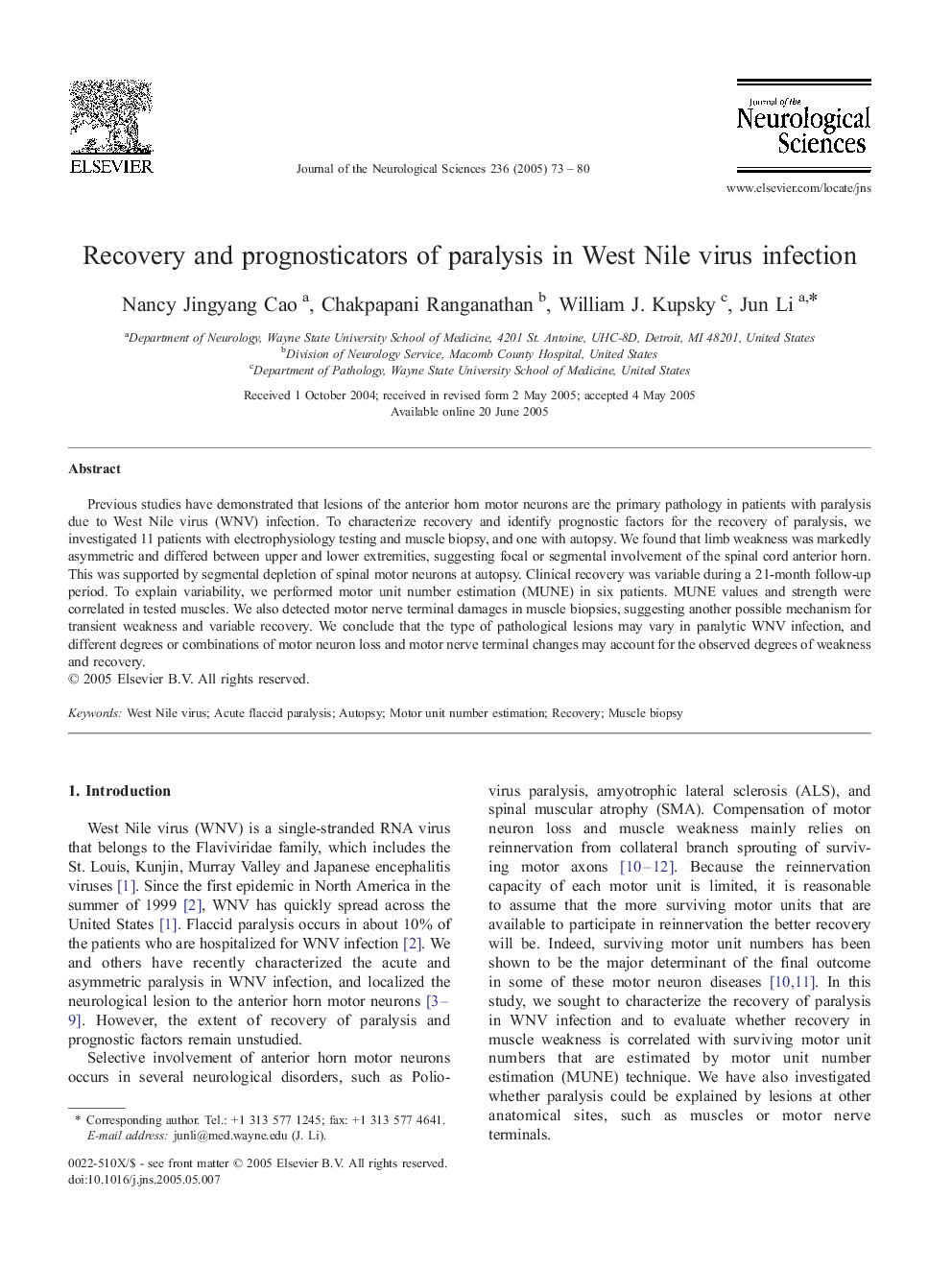 Recovery and prognosticators of paralysis in West Nile virus infection