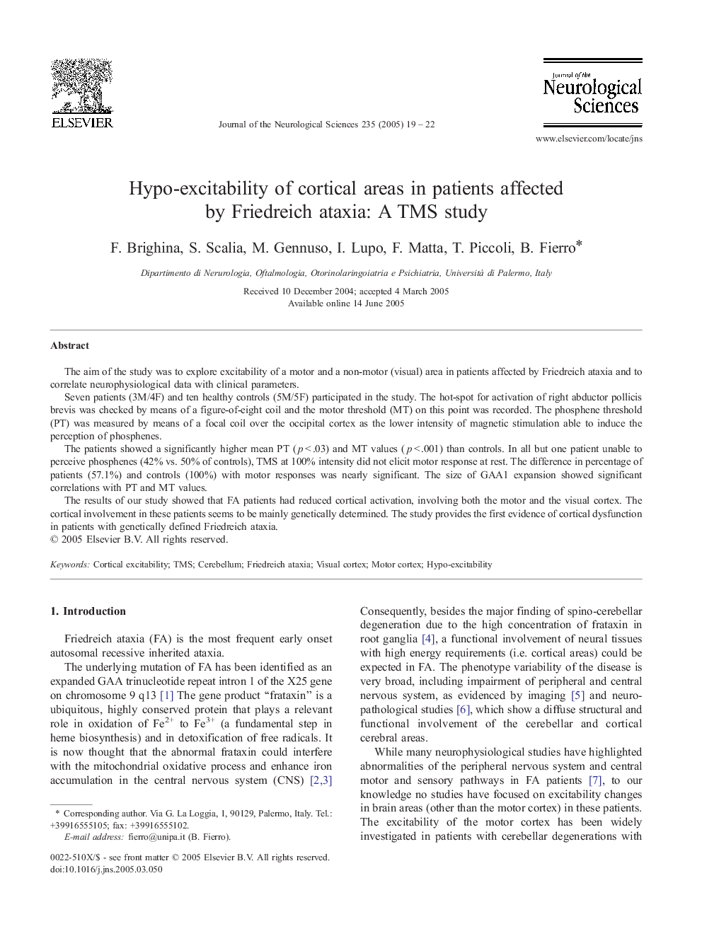 Hypo-excitability of cortical areas in patients affected by Friedreich ataxia: A TMS study