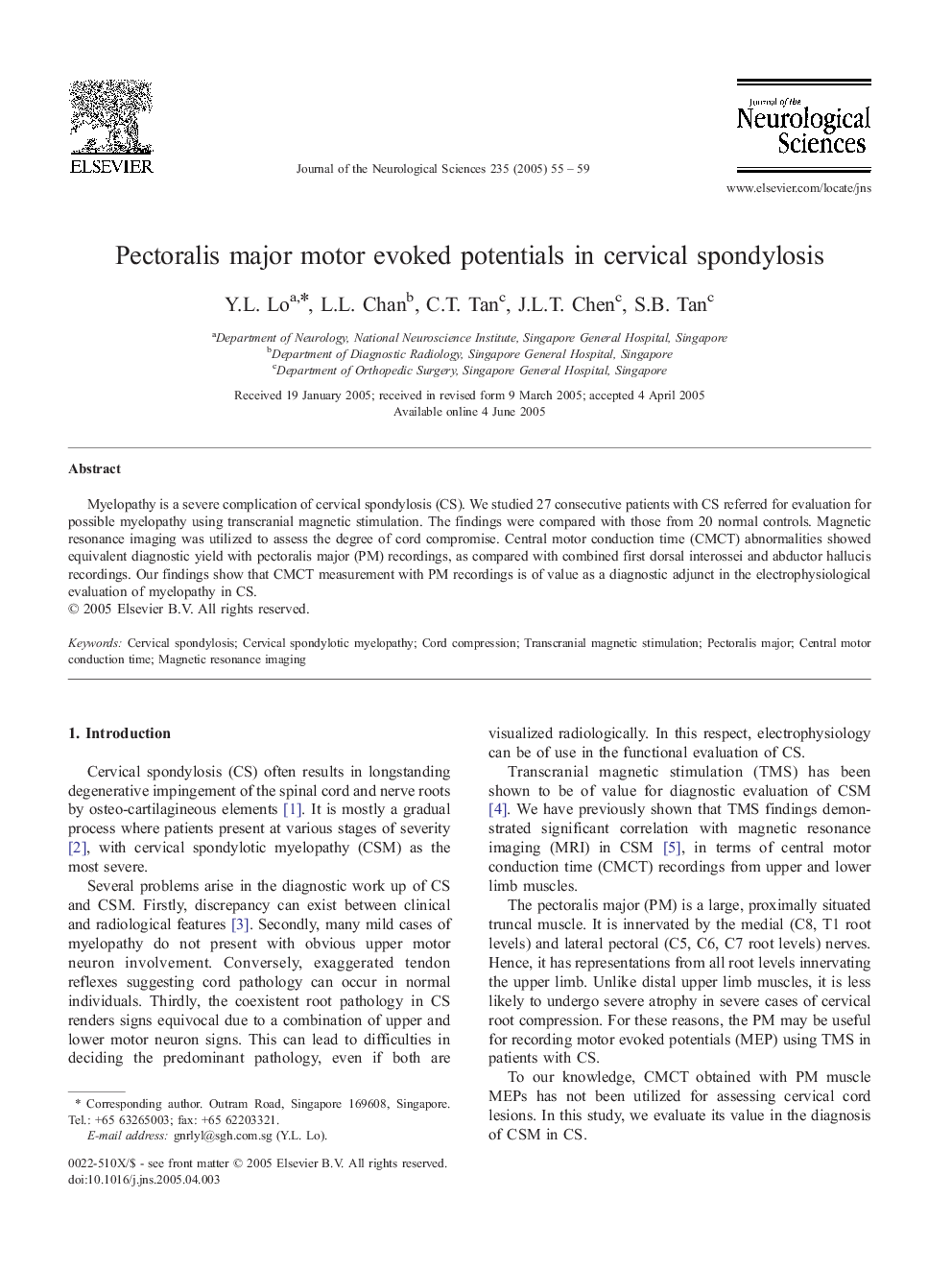 Pectoralis major motor evoked potentials in cervical spondylosis