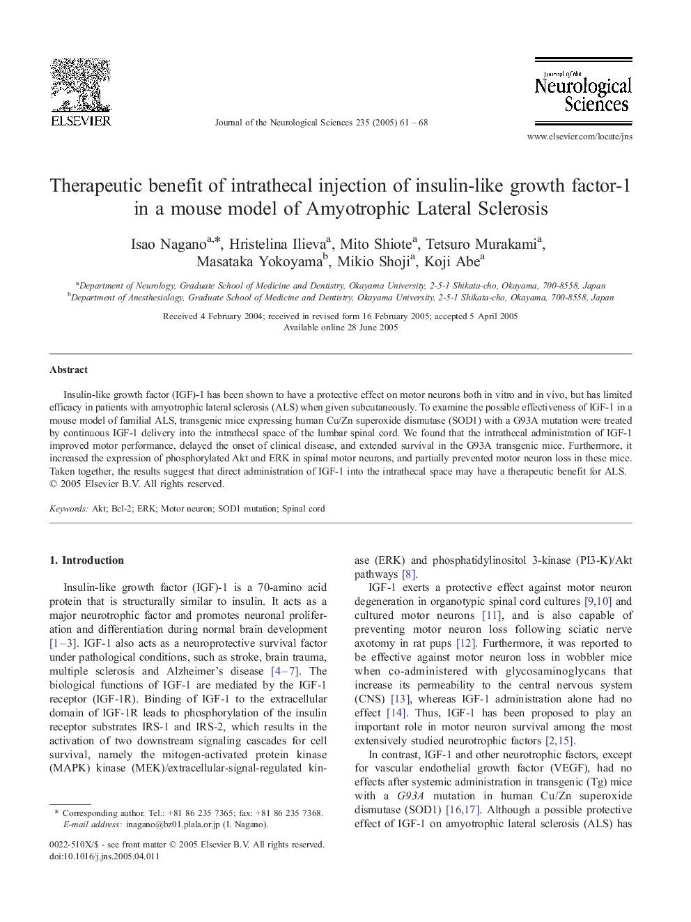 Therapeutic benefit of intrathecal injection of insulin-like growth factor-1 in a mouse model of Amyotrophic Lateral Sclerosis