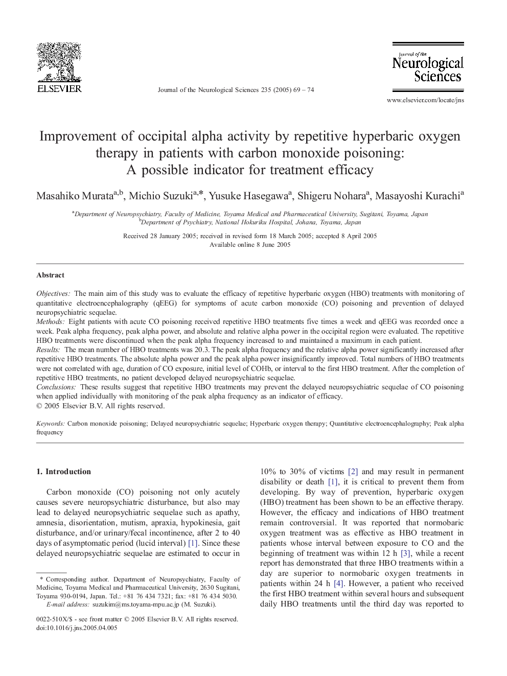 Improvement of occipital alpha activity by repetitive hyperbaric oxygen therapy in patients with carbon monoxide poisoning: A possible indicator for treatment efficacy