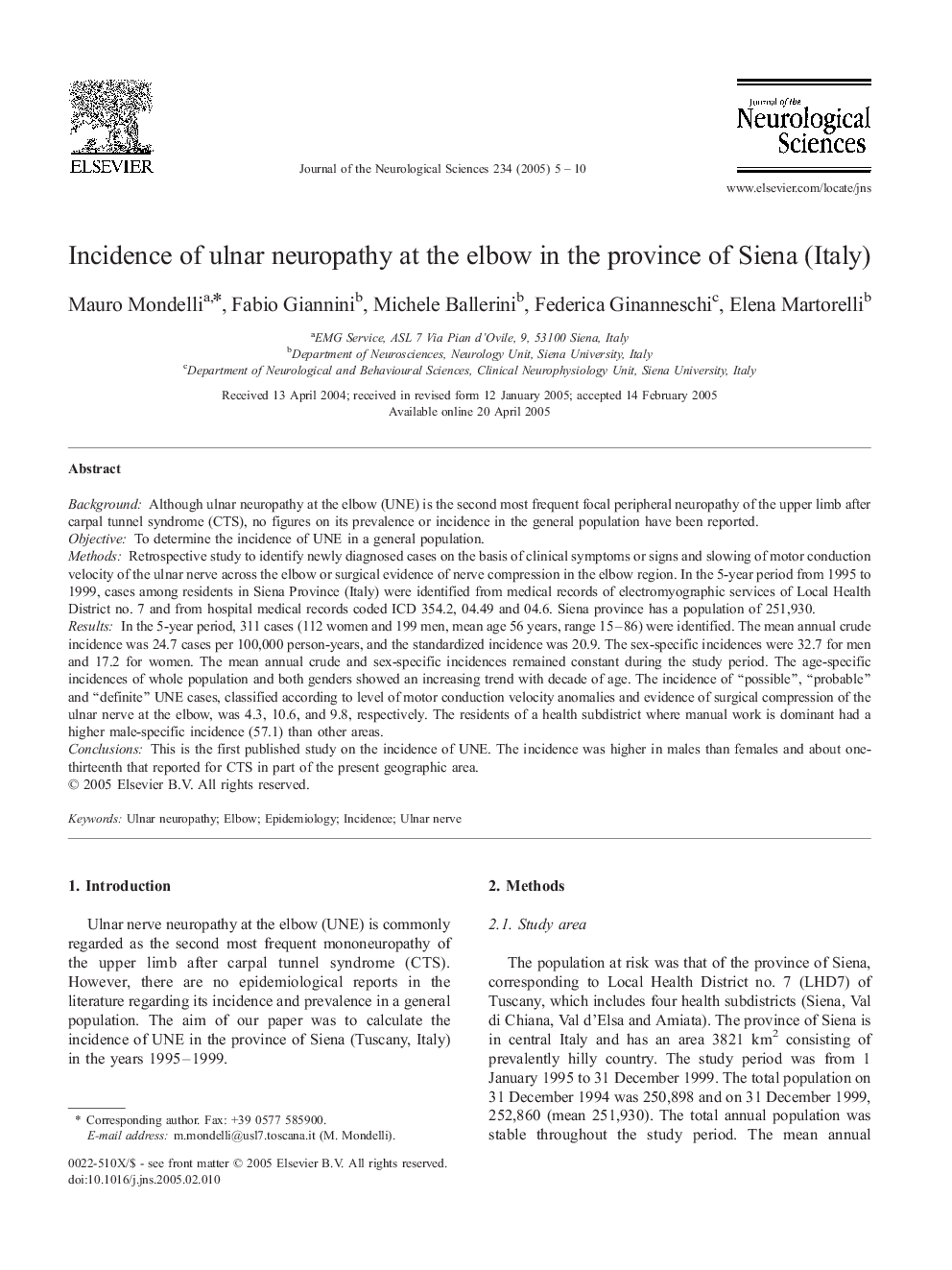 Incidence of ulnar neuropathy at the elbow in the province of Siena (Italy)