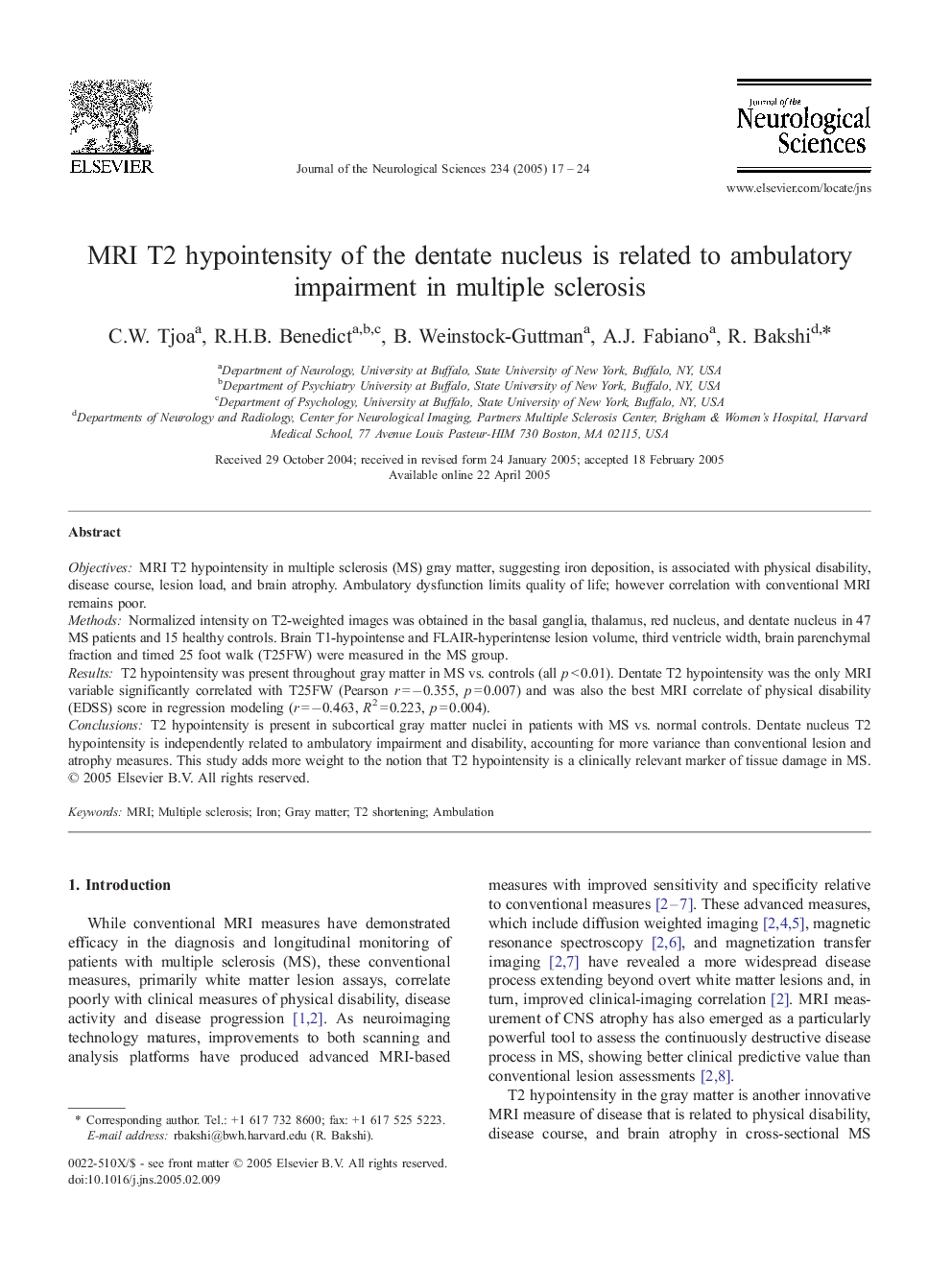 MRI T2 hypointensity of the dentate nucleus is related to ambulatory impairment in multiple sclerosis