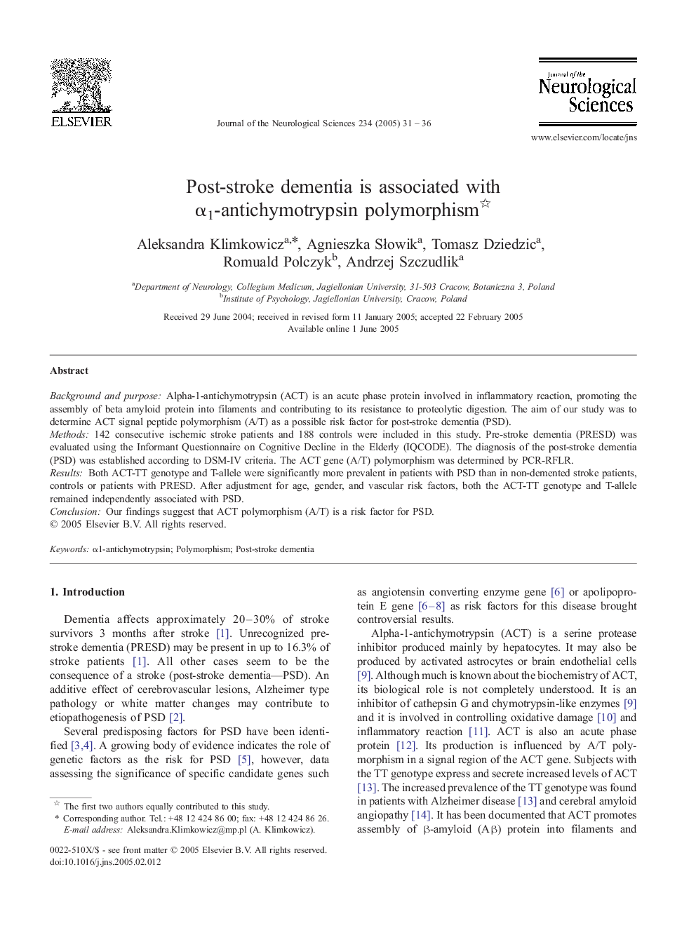 Post-stroke dementia is associated with Î±1-antichymotrypsin polymorphism