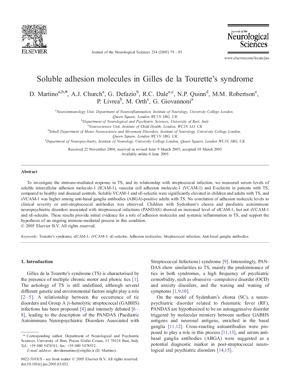 Soluble adhesion molecules in Gilles de la Tourette's syndrome