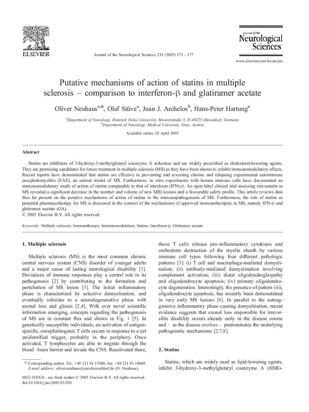 Putative mechanisms of action of statins in multiple sclerosis - comparison to interferon-Î² and glatiramer acetate