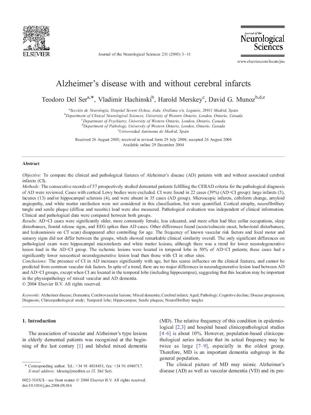 Alzheimer's disease with and without cerebral infarcts