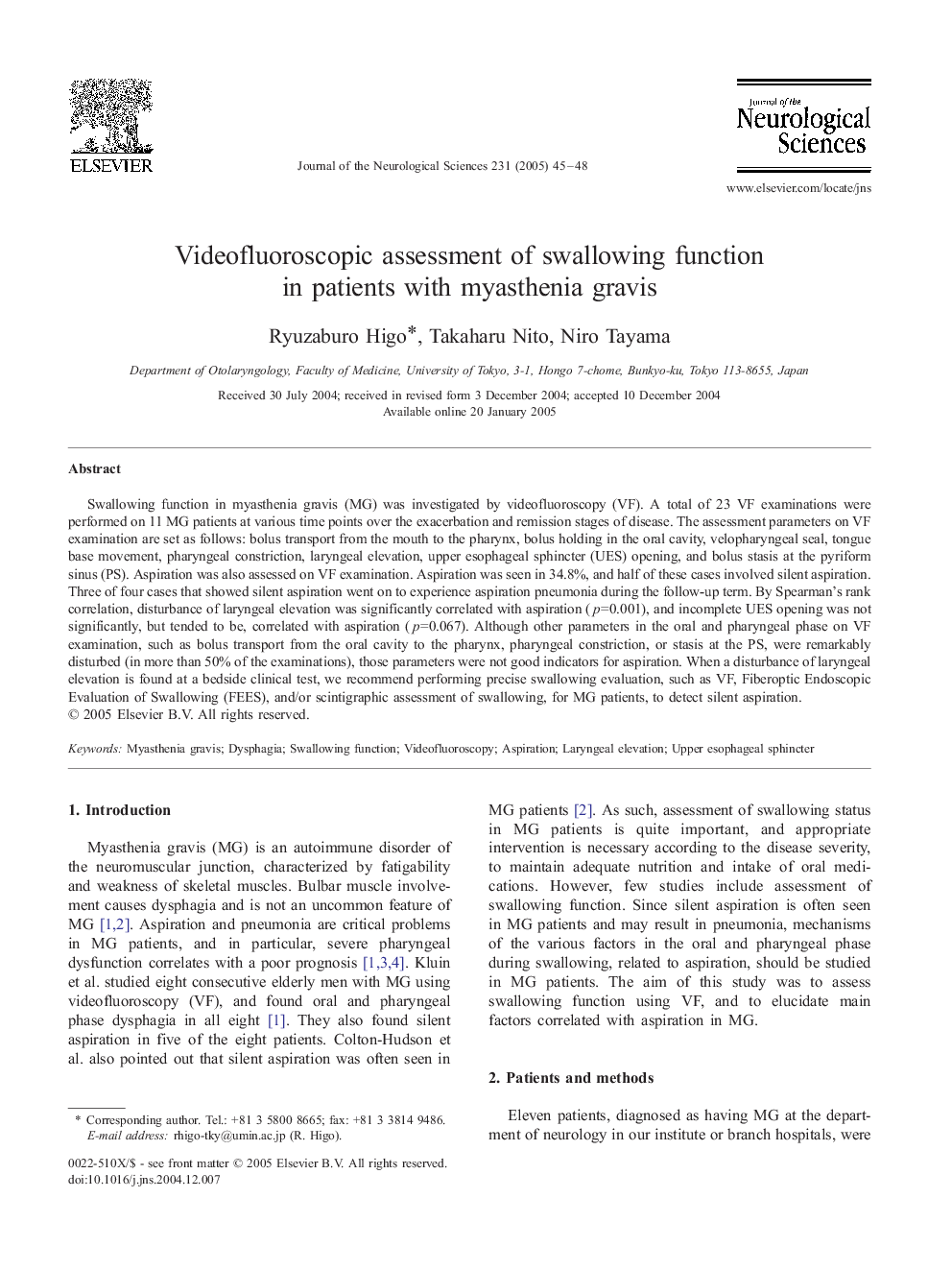 Videofluoroscopic assessment of swallowing function in patients with myasthenia gravis